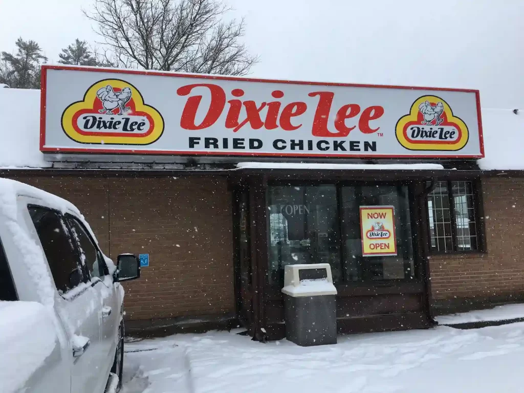Dixie Lee Fried Chicken restaurant front in snow.