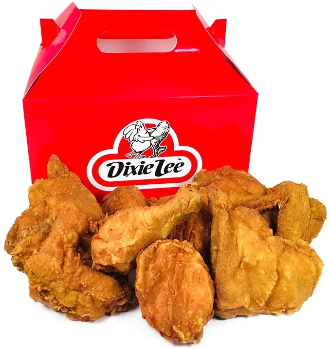 Dixie Lee fried chicken in a red takeout box.