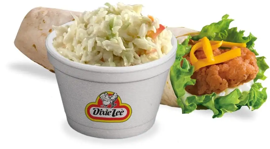 Coleslaw, wrap, fried chicken sandwich with logo.