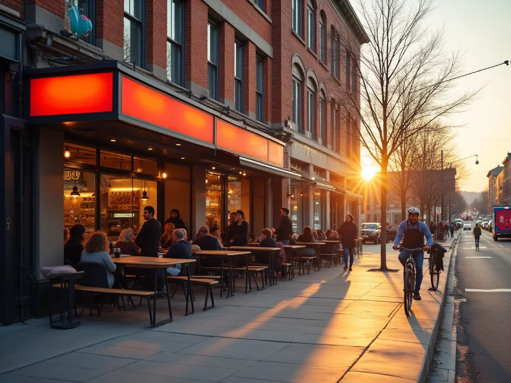 Evening diners and cyclist on city street at sunset.