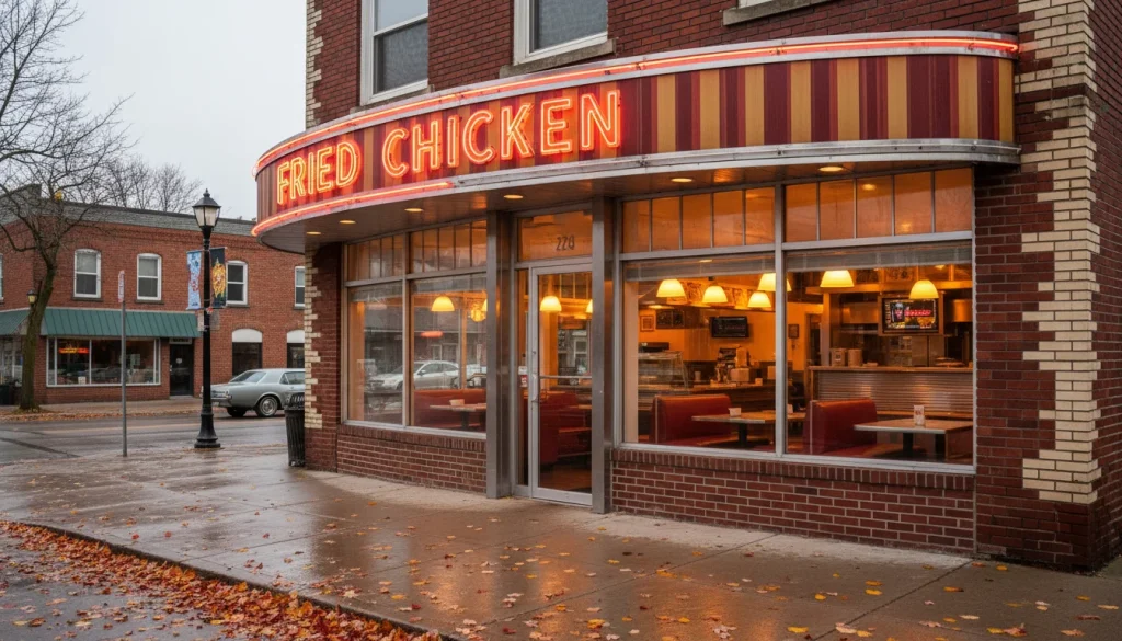 Historic Dixie Lee fried chicken restaurant storefront in Belleville Ontario at golden hour with classic red and white signage