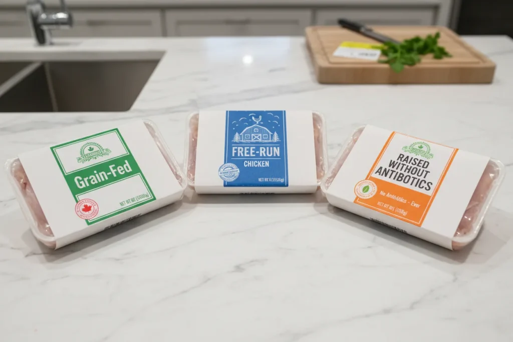 Three chicken packages showing different Canadian labels — grain-fed, free-run, and antibiotic-free — with CFIA certification marks