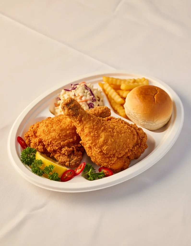 Plated catering portion with golden fried chicken pieces, coleslaw, bread roll, and fries on an event table