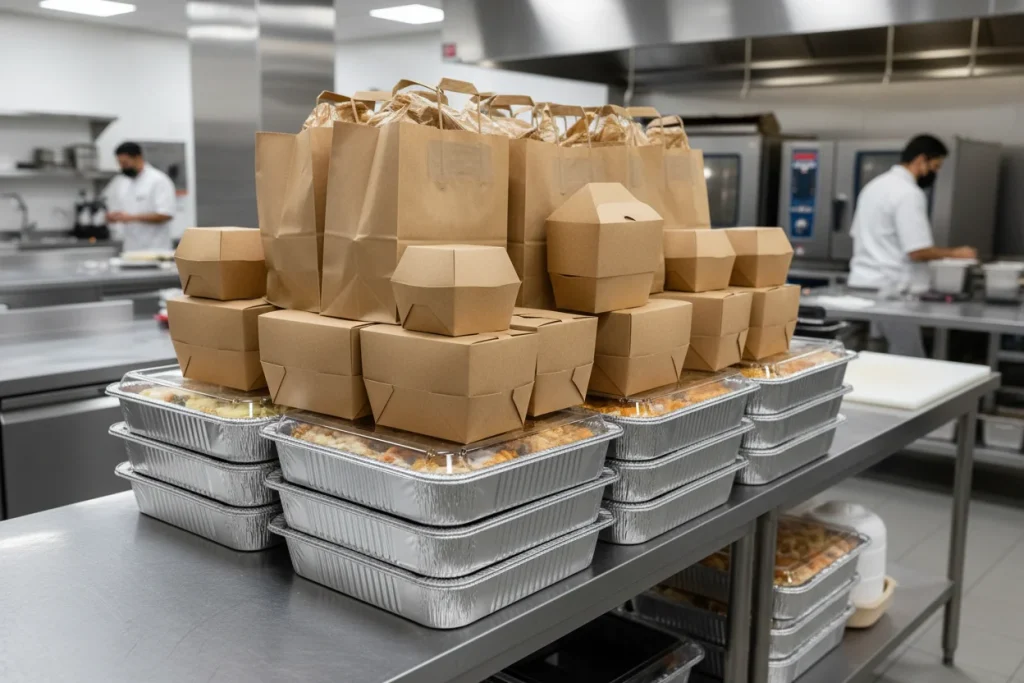 Stacked catering containers and branded takeout boxes ready for event delivery on a commercial kitchen prep table