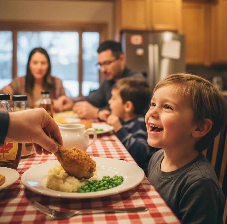 Parent serving golden fried chicken to a smiling child at the family dinner table during a weeknight meal