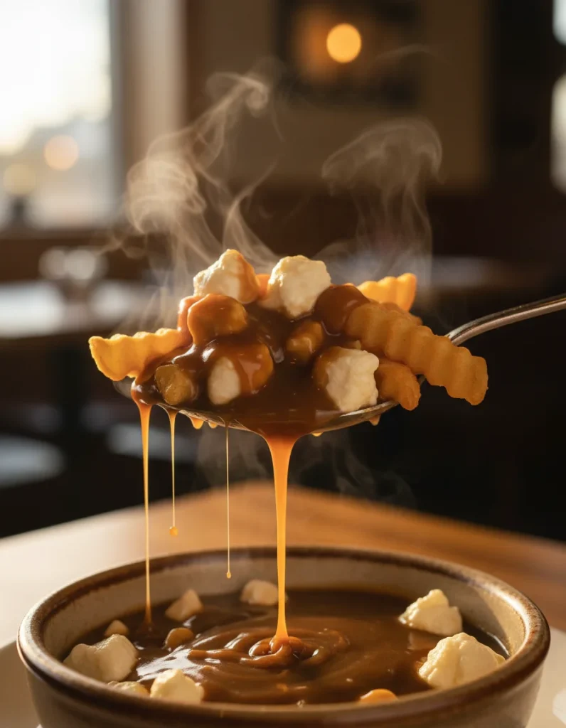 Spoon lifting poutine showing thick brown gravy dripping over golden fries and melting cheese curds