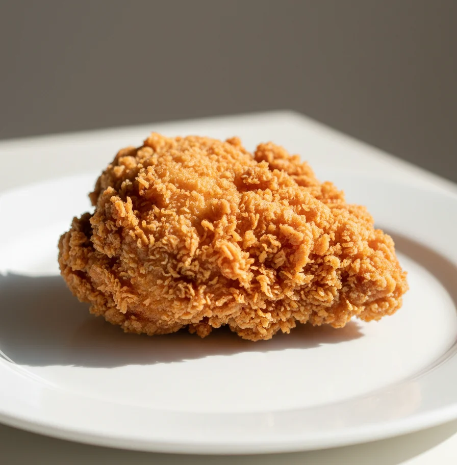 Single golden-brown fried chicken piece on a white plate with crispy breading visible in natural light