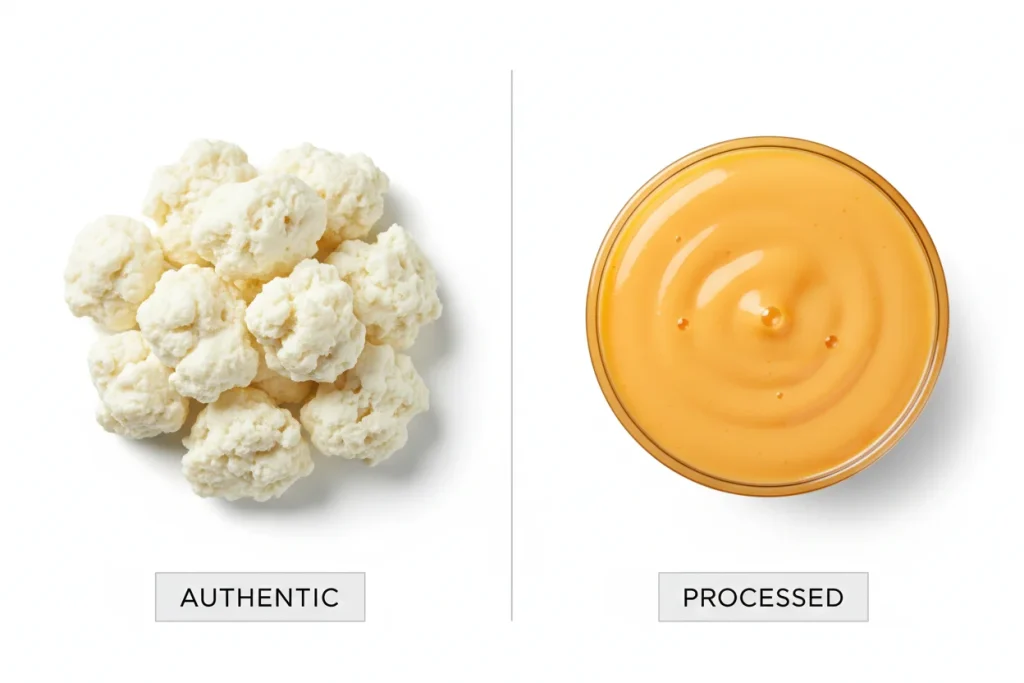 Side-by-side comparison of real white cheese curds versus processed orange cheese sauce showing the difference in authentic poutine