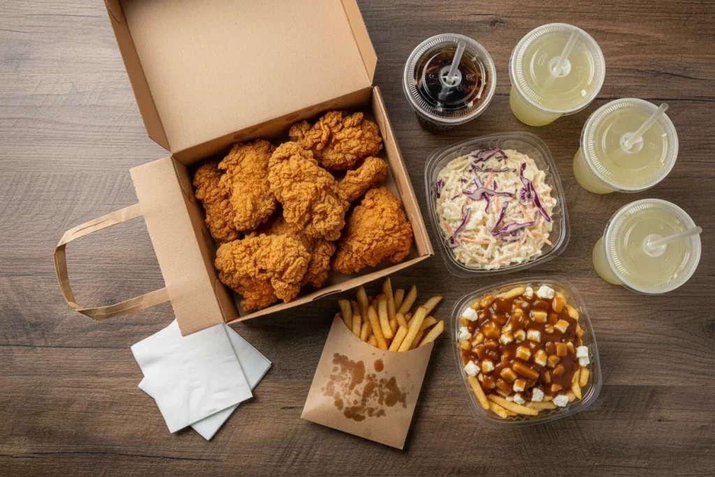 Overhead view of a complete Dixie Lee takeout order with chicken, poutine, coleslaw, fries, and drinks arranged on a table