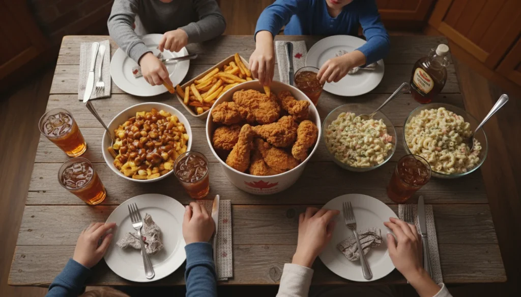 Family fried chicken dinner spread with chicken bucket, poutine, coleslaw, and sides for four people